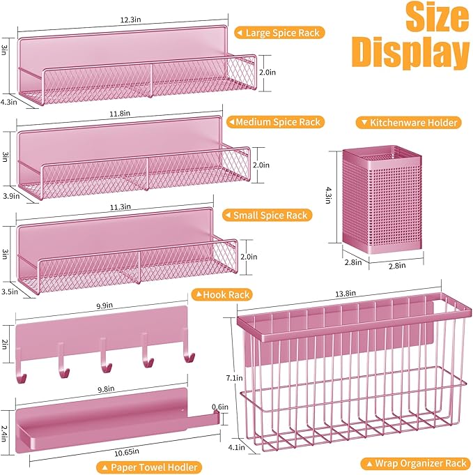 Magnetic Spice Rack for Refrigerator, 7 Pack 100% Metal Strong Magnet Shelf, Spice Organizer W/ Paper Towel Holder, Hook Rack, Utensil Caddy & Cutting Board Holder, Home Kitchen Organization (Pink)