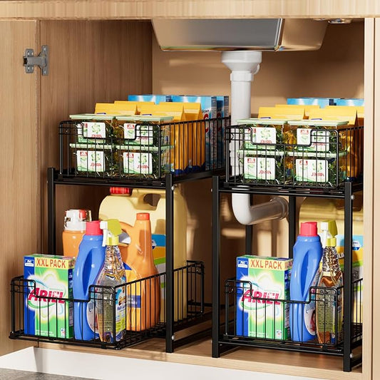 Under Sink Organizer, 2-Tier Pull Out Cabinet Organizer, Kitchen Bathroom Organizer and Storage, Spice Rack for Kitchen, Multi-use Sliding Drawers Shelves, Pack of 2