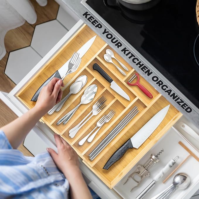 HOMESTEAD Nature Bamboo Expandable Drawer Organizer - Up to 10 Slots, Silverware Organizer, and Cutlery Trays for Kitchen Drawer Divider & Versatile in Bedroom, Office, Cosmetics