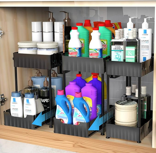 3 Pack Under Sink Organizers and Storage, Large Capacity Heavy Load Pull Out Cabinet Organizer with Hooks Hanging Cups, Multi-functional Storage Shelf for Kitchen Bathroom, Black