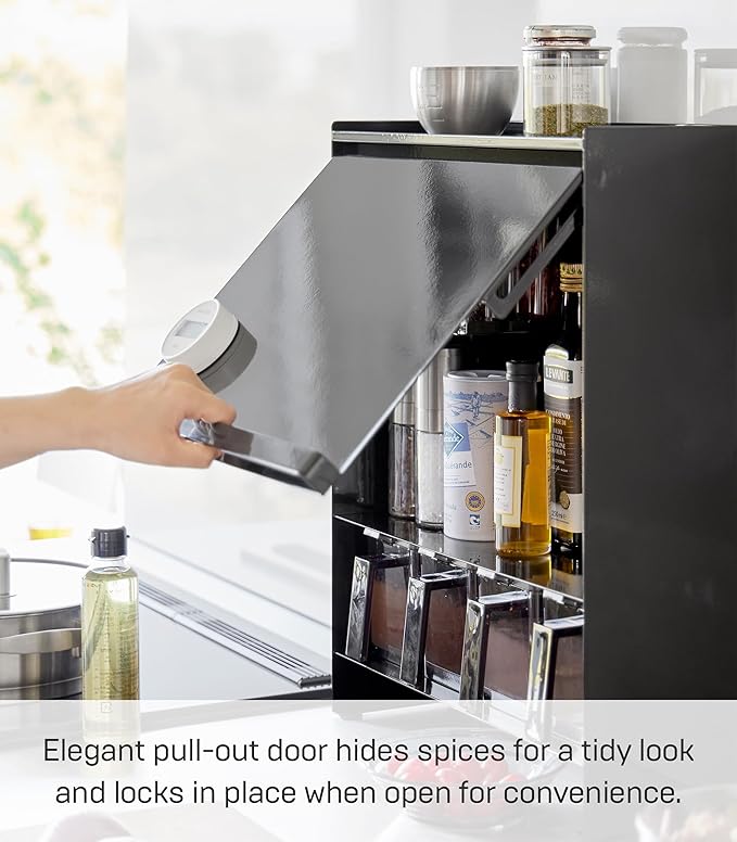 Yamazaki Home Seasoning Condiments Spice Rack with Door, Large Kitchen Multi-Tier Metal Shelves | Steel, One Size, Black