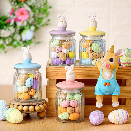 Nitial 4 Pcs Easter Glass Jar with Cap Bunny Rabbit Egg Shape Clear Candy Jar Decorative Food Storage Canister with Airtight Ceramic Lid for Eater Party Tea Cookie Table Decoration (7.8 oz,Bunny)