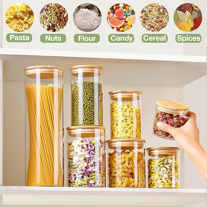 7 Pack Thicker Glass Food Storage Jars with Airtight Bamboo Lids, Clear Glass Storage Containers, Glass Canisters Set for Pasta, Nuts, Coffee Beans, Kitchen Pantry Organization Jar, BPA Free
