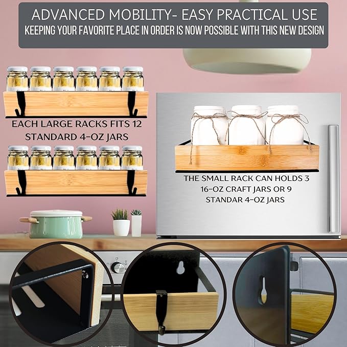 4 | 3 Pack Magnetic Spice Storage Rack Organizer for Refrigerator and Oven, Black Fridge Storage, Magnetic Shelf, Spice Rack Organizer, Metal-Bamboo
