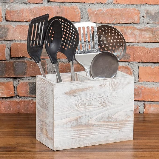 MyGift Whitewashed Wood Kitchen Utensil Holder Organizer, Countertop Flatware Silverware Cooking Utensil Crock Storage Caddy with 2 Compartments