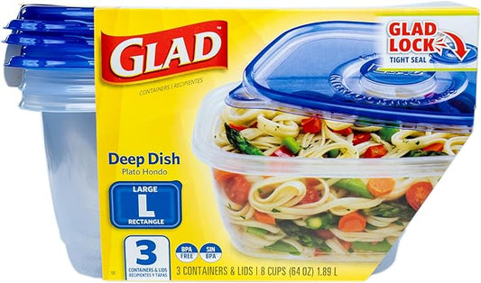Glad GladWare Deep Dish Food Storage Containers Lock Tight Seal, BPA Free Large Rectangle Plastic Containers Hold Up to 64 Ounces of Food, 3 Count Set | Includes 3 Containers and Lids