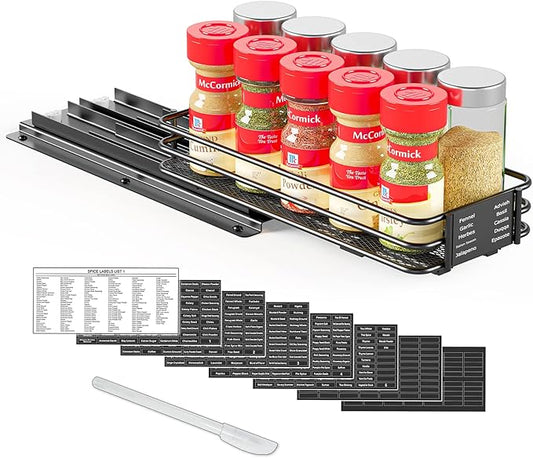 SpaceAid Pull Out Spice Rack Organizer for Cabinet, Heavy Duty Slide Out Seasoning Kitchen Organizer, Cabinet Organizer, with Labels and Chalk Marker, 4.5" W x10.75 D x2.5 H, 1 Drawer 1-Tier