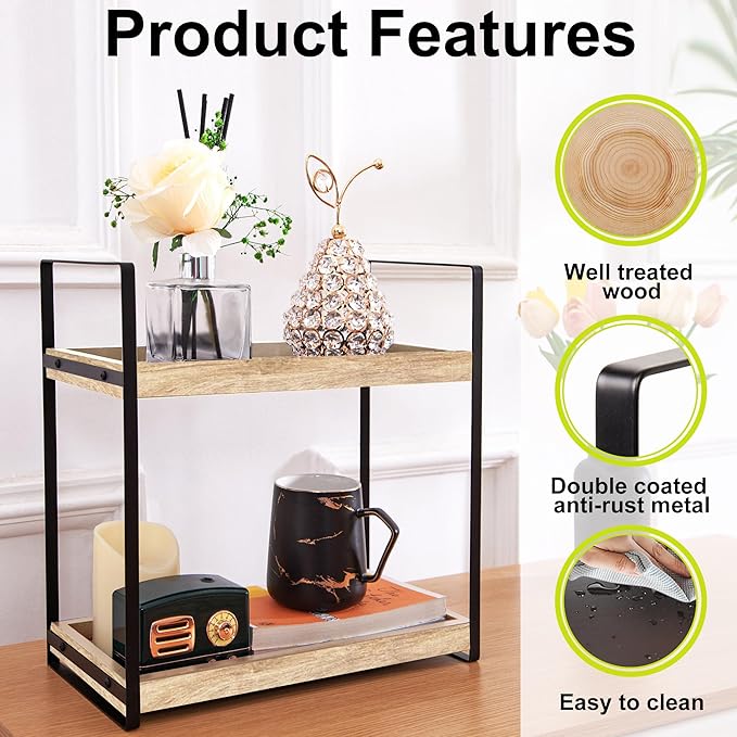 BEKU 2 Tier Bathroom Counter Organizer - Kitchen Sink Countertop Shelf - Makeup Vanity Tiered Tray - (Wood)