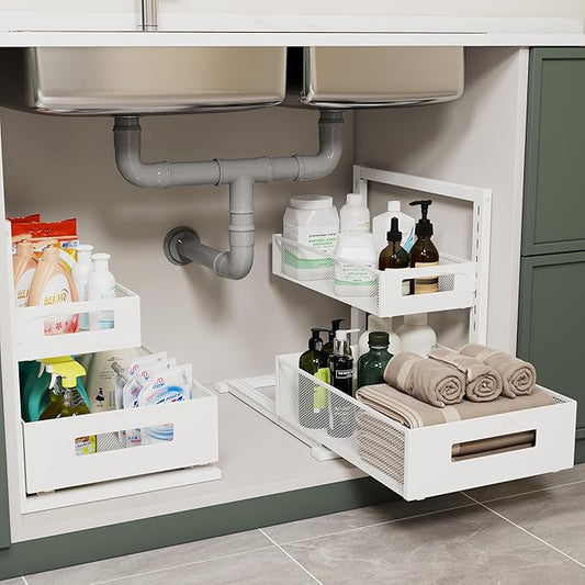 Sturdy Full Metal Organizer and Storage, 7 Height Adjustable, for Under Sink, Kitchen, Bathroom, Pantry, Cabinet, Closet with Mesh Sliding Bottom Drawer, Slides Out & In Smoothly