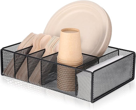 Paper Plate Organizer for Countertop, Metal Utensil Silverware Caddy for Kitchen Cabinets Cutlery Holder Flatware Dispenser Storage Box for Plastic Spoon Fork Plates Napkins Cup Party Buffet Picnic