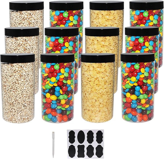 12 Pack 32 OZ Large Clear Plastic Storage Jars with Lids & Labels,A Pen - Wide Opening Durable Round Containers - PET Container for Pantry, Home & Kitchen Storage