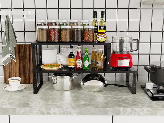 Adjustable Expanable Stackable Spice Rack Shelf Pantry Storage Organizer for Kitchen Cabinet,Countertop,Bathroom and more.Space is no longer limited(3Packs/Black/Medium)