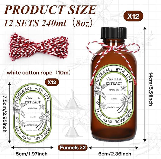 12 Pack 8 oz Vanilla Extract Bottles with Black Poly Cone Caps and 12 Pcs Vanilla Extract Stickers 240ml Boston Round Sample Bottles for Syrup Gift Glass Food Storage Canister Set Sauce Beans(8oz)