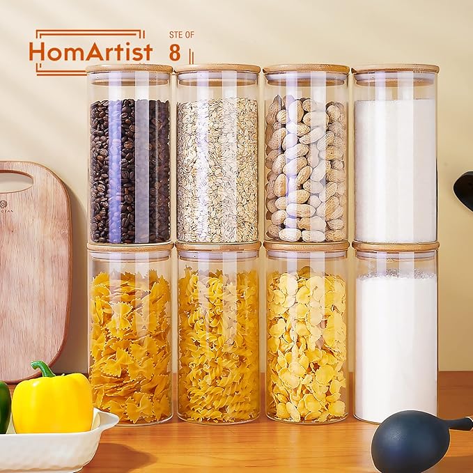 Glass Jars with Bamboo Lids 30 floz [Set of 8], Glass Canisters with Airtight Lids, Glass Food Storage Containers for Pasta, Oats, Coffee, Flour, Sugar, Rice, Best for Kitchen & Pantry