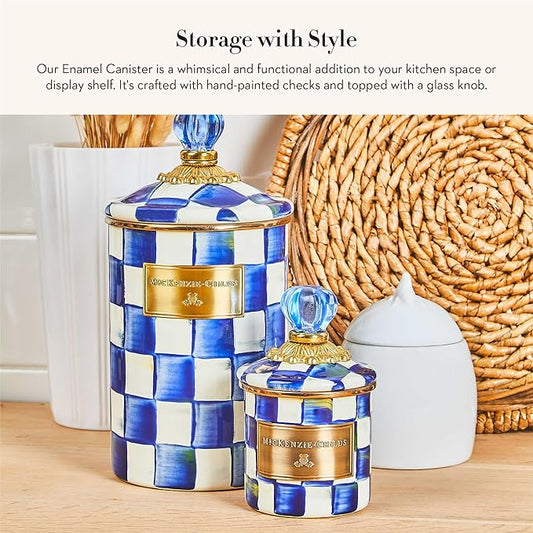 MACKENZIE-CHILDS Royal Check Enamel Canister, Blue-and-White Kitchen Storage Container with Lid, Demi