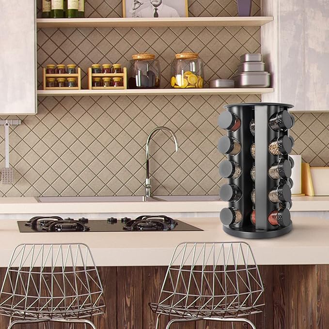 Black Countertop Rotating Spice Rack - Empty 20-Jar Revolving Organizer, Round Carousel Tower, 135 Labels With Funnel Complete Set for Kitchen Countertop, Cabinet