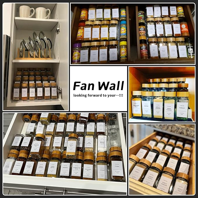 Spice Jars with Label-4oz 15 Pcs，DIMBRAH Glass Spice Jars with Bamboo Lids，Spices Container Set with White Printed Spice Labels，Kitchen Empty Spice Jars