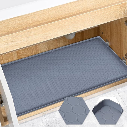 Waterproof Under Sink Mat 28" x 22", Silicone Cabinet Liner, Rubber Protector for Kitchen and Bathroom, Keeps Cabinets Clean, Dry, and Organized (Grey)