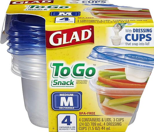 GladWare To Go Snack Food Storage Containers, Medium Rectangle, Holds 24 Ounces of Food, 4 Count - 6 Pack