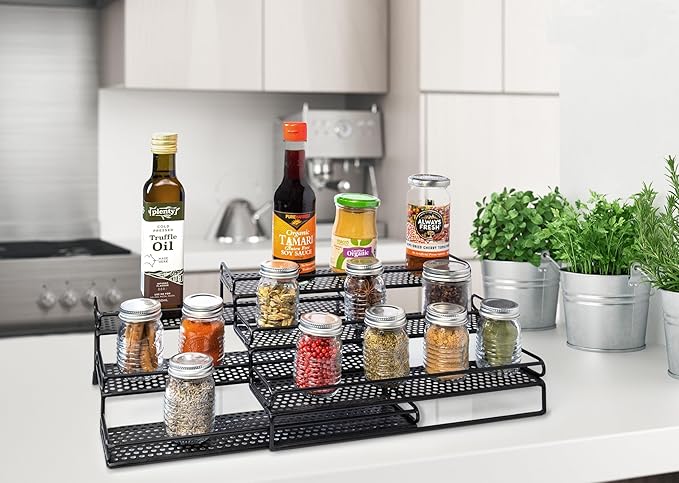 3 Tiered Spice Rack - Spice Racks for Inside Cabinets - Expandable Spice Rack Countertop Kitchen Pantry - Metal Tier Seasoning Organizer Step Storage with Protective Railing (Black)