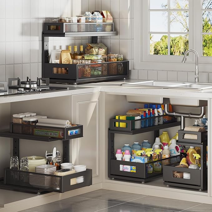 2 Pack 18.5IN-Depth Under Sink Organizer With Next-Gen Ball-Bearing Slides,2-Tier Pull Out Cabinet Storage,Height Adjustable Drawer Shelf for Bathroom,Kitchen,Laundry,Cabinet,Pantry-Black