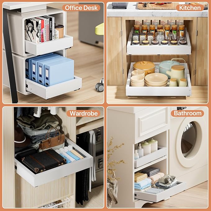 2 Pack Pull out Cabinet Organizer, Width (11"-19") Depth (16"-22"), with 3 Rails Adjustable Slide, Expandable Pullout Drawers for Cabinets, No Drill Adhesive Kitchen Drawers for Shelves