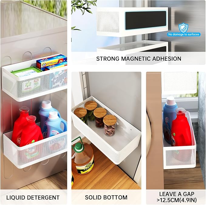 Magnetic Shelf for Washing Machine Magnetic Organizer for Laundry Washing Machine Shelf Hanging Basket Storage Magnetic Fridge Shelves Spice Rack for Refridgerator (White, L13.78in*W5.12in*H3.94in)
