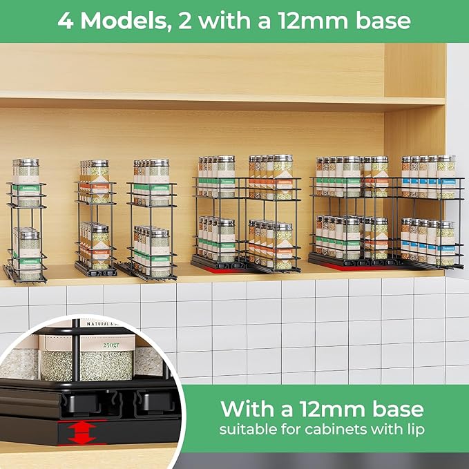 Pull Out Spice Rack Organizer for Cabinet, Slide Out Spice Racks, Easy to Install Spice Cabinet Organizer, 2.75''Wx10.35''Dx8.26''H, 2 Drawers 2 Tiers(Black