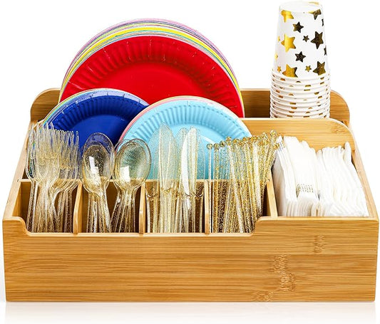 Frcctre Bamboo Utensil Caddy Organizer for Countertop, 8 Compartment Paper Plate Holder, Adjustable Utensil Holder Cutlery Organizer Box for Plate, Cup, Fork, Spoon, Napkin