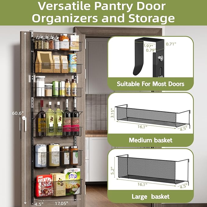 Over The Door Pantry Organizer, 6-Tier Metal Hanging & Wall Mount Spice Rack, Kitchen Storage Room Organization