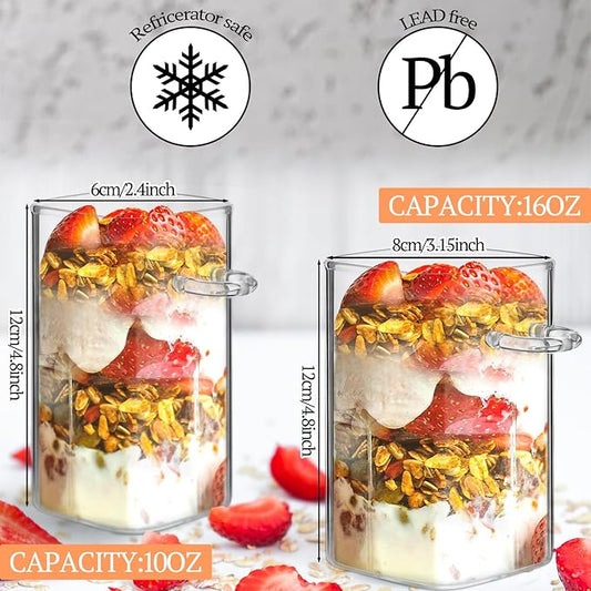 Pickmesh 4 Pcs Overnight Oats Containers with Lids and Spoons Overnight Oats Jars Oatmeal Cups Square Glass Meal Prep Container Storage Bottle Glass Jar for Pudding Yogurt (16oz, 10oz,Square Style)