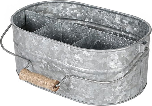 CLEENTABLE Galvanized Farmhouse Utensil Caddy – 4-Compartment Tin Organizer for Kitchen, Parties & Outdoor Use (13.5” L x 10” W x 5.5” H, Removable Handle)