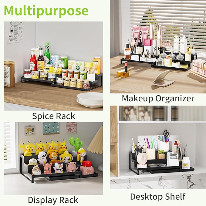 RCHYFEED Spice Rack Organizer for Cabinet, Set of 2 Metal 3 Tier Spice Rack Expandable Display Risers, Seasoning Organizer for Kitchen Cabinet Countertop Pantry Spice Organizer