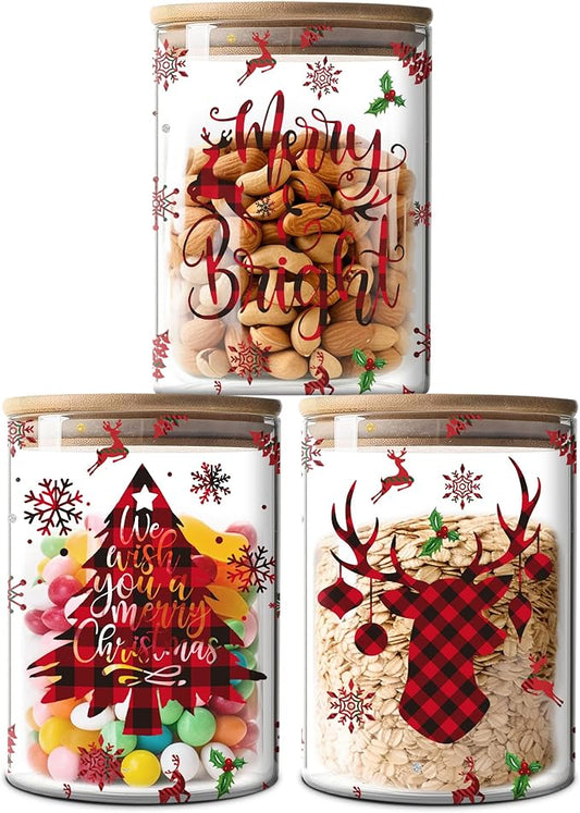 Christmas Plaid Glass Storage Jars Set with Airtight Bamboo Lids - Clear Christmas Home Decor
