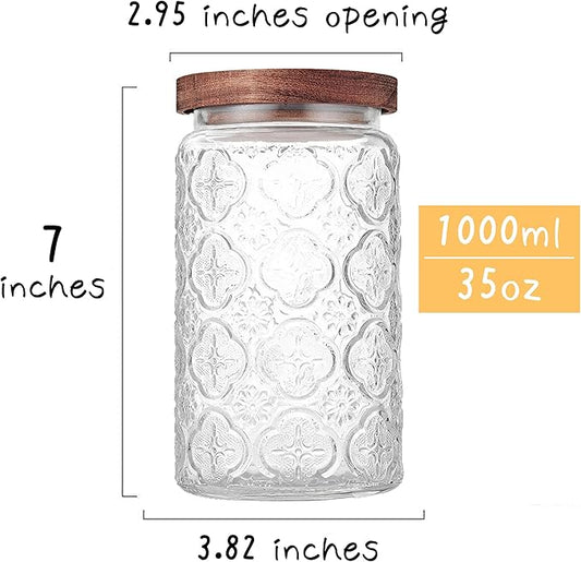 Glass Storage Jars With Airtight Lid, 23.7oz Container For Kitchen Counter with Wooden Lid, brown sugar, candy, coffee, cookie, salt, tea, cute Jar (35oz Large Begonia Flowers)