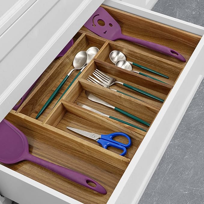 Utoplike Acacia Silverware Drawer Organizer for Cutlery, Adjustable Kitchen Utensil Drawers Organizers, Expandable Wooden Flatware Caddy, Dividers for Knives, Forks, Spoons, 6-8 Slots