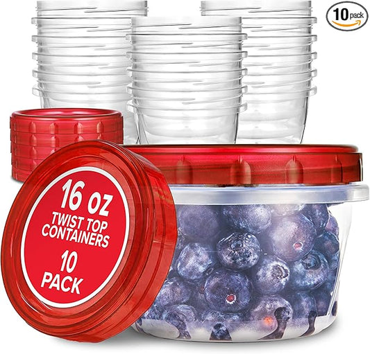 16oz Plastic Containers with Red Twist Top Lids (10 Pack) – 2-Cup Freezer Containers for Leftovers, Airtight Reusable Soup Storage, Microwave & Dishwasher Safe