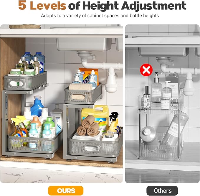 2 Pack 19.3IN-Depth Under Sink Organizer with Smooth Cylindrical Rail,2-Tier Pull Out Multi-Purpose Cabinet Storage for Bathroom&Kitchen,Height Adjustable,Rust-Resistant Coating-Gun Gray