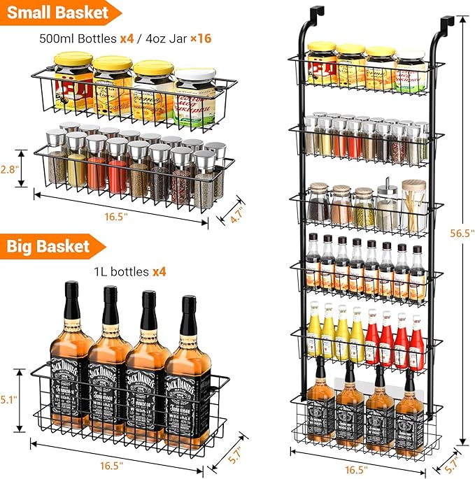 Over The Door Pantry Organizer Spice Rack: 6-Tier Metal over the Door Organizer - Pantry Organization and Storage - Hanging spice Rack Back Of Door Organizers