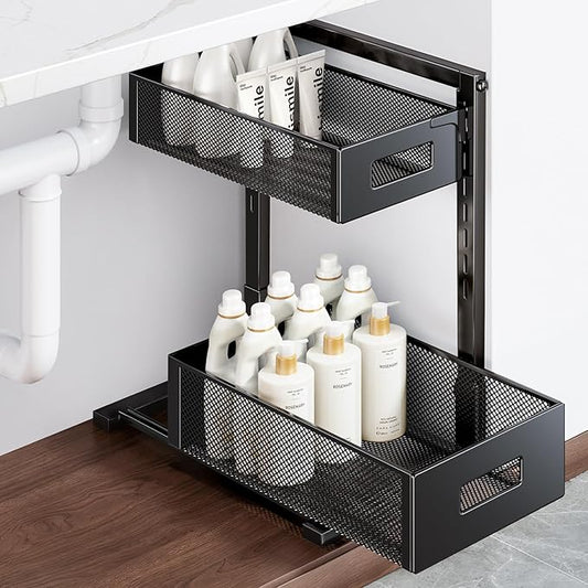 Under Sink Organizer, 2-Tier Metal Under Sink Organizers and Storage, Slide Out Pull Out Cabinet Organizer for Kitchen, Bathroom, Pantry, Laundry, Study, Black
