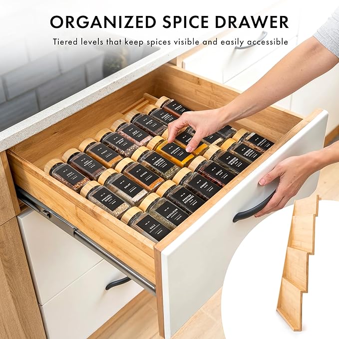 Bamboo Spice Drawer Organizer - Expandable 4 Tier Spice Rack (Need 3" Deep Drawer) 12" to 23" Wide, Seasoning Organizer, Organization Seasoning Rack insert for Kitchen Cabinet (Jars Not Included)