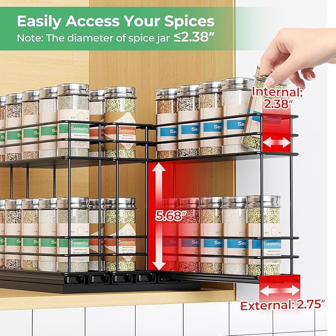 Pull Out Spice Rack Organizer for Cabinet, Slide Out Spice Racks, Easy to Install, 2.75''Wx10.35''Dx8.26''H, 3 Drawers 2 Tiers(Black