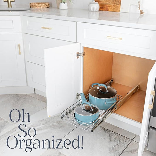 HOLDN’ STORAGE Pull Out Cabinet Organizer, Heavy Duty Caddy w/Lifetime Limited Warranty - 8”W x 21”D - Requires At Least 9-1/4” Cabinet Opening, Steel Metal Cabinet Drawers Slide Out, Chrome