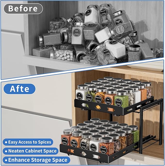 Pull Out Spice Rack Organizer, 2-Tier Vertical Spice Rack, Height Adjustable for Kitchen Cabinet (11.9''Wx10.8''Dx9.2''H, Metal Black)