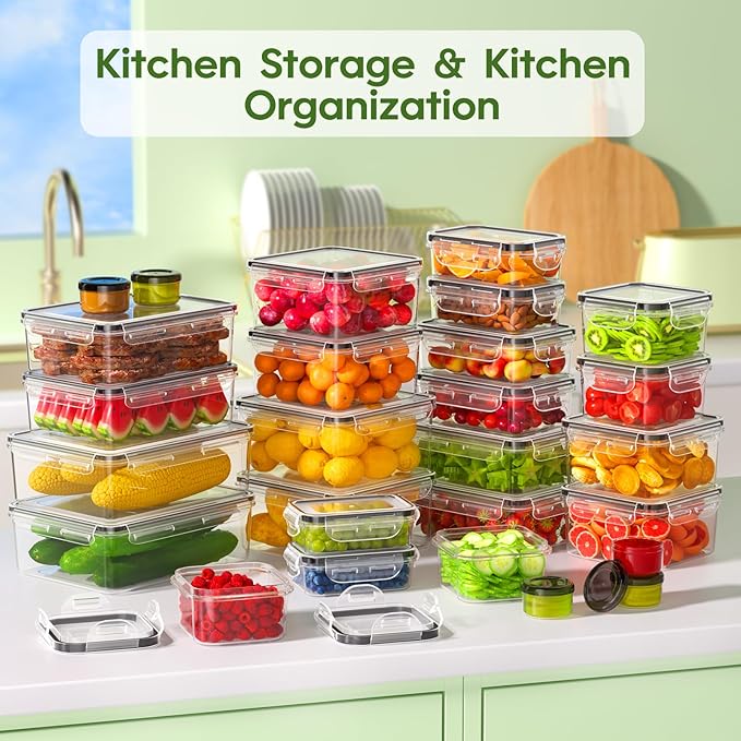 54-Piece Food Storage Containers with Lids(27 Containers & 27 Lids), Plastic Food Containers for Pantry & Kitchen Storage and Organization, BPA-Free, Leak Proof, Reusable with Labels & Pen