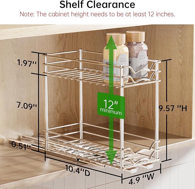 Pull Out Spice Rack Organizer for Inside Cabinet, Slide Out Chrome Spice Organization for Cabinet, Easy to Install Seasoning Organizer for Kitchen Storage, 4.9''Wx10.4''Dx9.57''H - 2 Tier