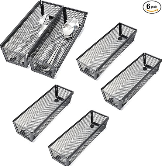 Silverware Organizer,Mesh Cutlery silverware Tray for Drawer,Tool tray organizer,Utensil Flatware Tableware Organizer for Kitchen,Office,with Non-slip,Fits Standard Drawer,(9X3 IN) 6PSC,Black