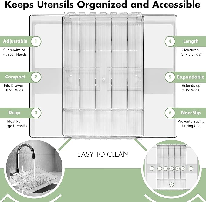 Sorbus Silverware Organizer – Expandable Kitchen Drawer Organizer, Non Slip Adjustable Utensil Organizer, Cutlery Tray for Forks, Knives, Spoons – Multipurpose Flatware and Kitchen Storage Solution