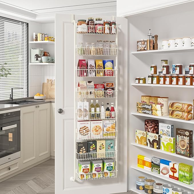Over the Door Pantry Organizers and Storage, 8-Tier Spice Rack, Home & Kitchen Storage Shelves for Cabinet, Large Capacity Hanging Seasoning Organizer, Laundry Room Organization, White