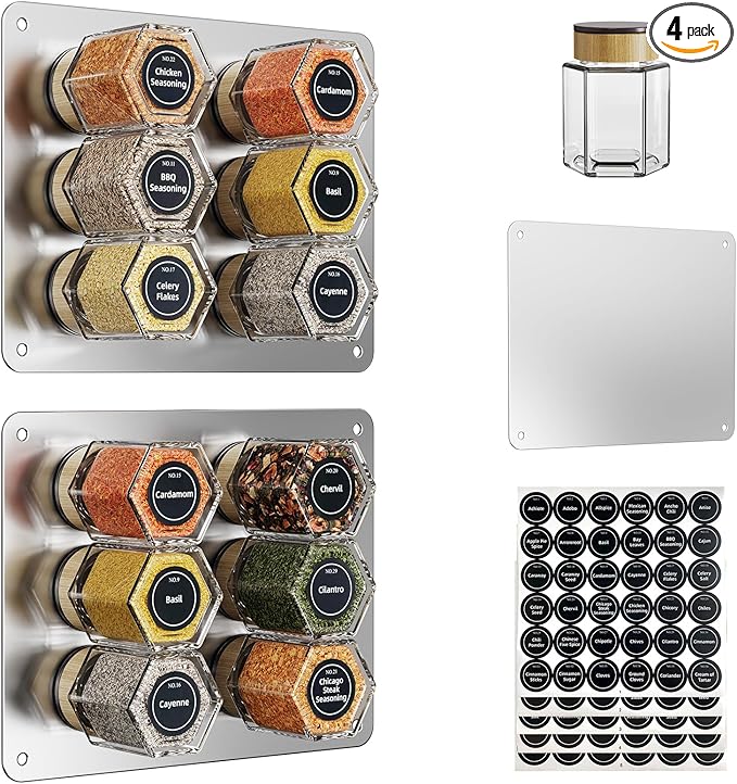 Set of 12 Magnetic Spice Tins with 2 Black Metal Wall-Plates,100 Preprinted Seasoning Label Stickers,2 Styles for 3 oz Herb Jars (12 PCS)